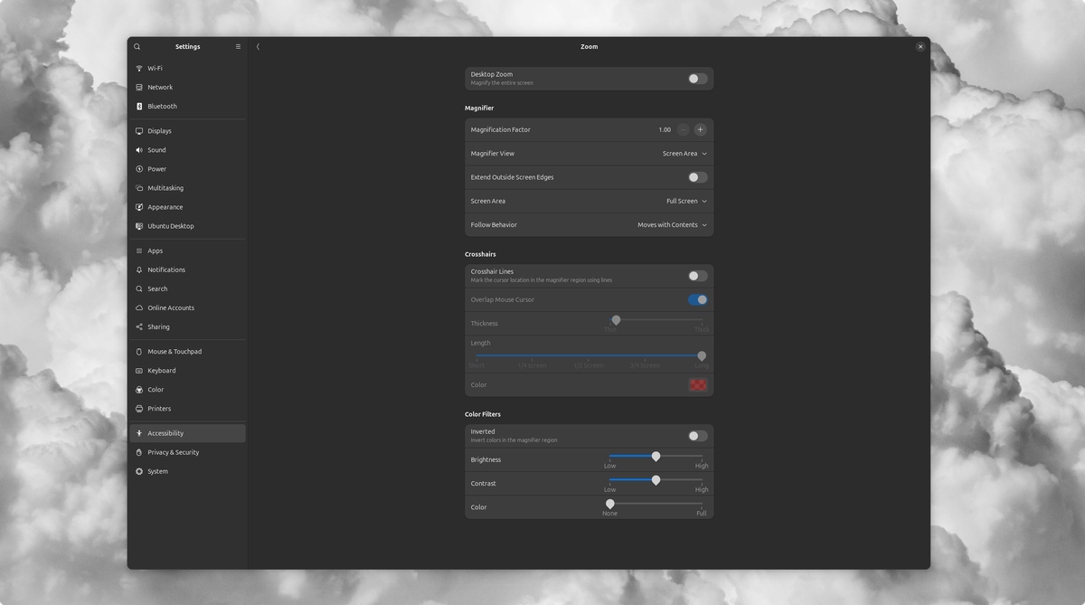 Screenshot of the Accessibility settings in Ubuntu.